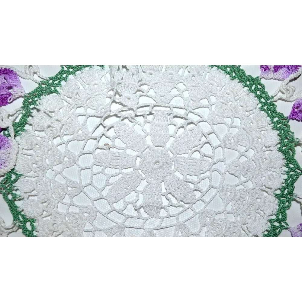 Vintage Round White & Purple Handmade Crochet Doily‎ 10.5